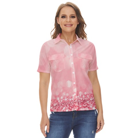 Pink Glitter Background Women s Short Sleeve Double Pocket Shirt by nateshop