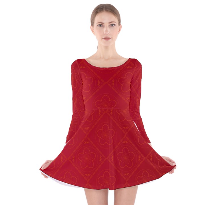 Red Chinese Background Chinese Patterns, Chinese Long Sleeve Velvet Skater Dress