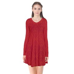 Red Chinese Background Chinese Patterns, Chinese Long Sleeve V-neck Flare Dress by nateshop