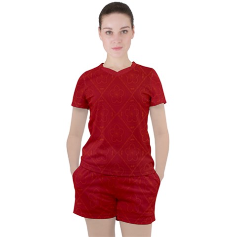 Red Chinese Background Chinese Patterns, Chinese Women s T-shirt And Shorts Set by nateshop