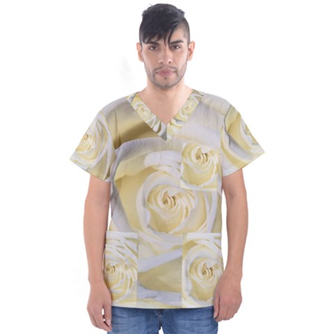 White Roses Flowers Plant Romance Blossom Bloom Nature Flora Petals Men s V-neck Scrub Top by Proyonanggan