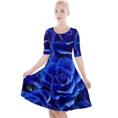 Blue Roses Flowers Plant Romance Blossom Bloom Nature Flora Petals Quarter Sleeve A-line Dress by Proyonanggan