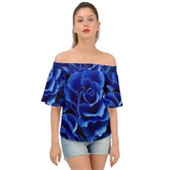 Blue Roses Flowers Plant Romance Blossom Bloom Nature Flora Petals Off Shoulder Short Sleeve Top by Proyonanggan