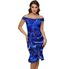 Blue Roses Flowers Plant Romance Blossom Bloom Nature Flora Petals Off Shoulder Ruffle Split Hem Bodycon Dress by Proyonanggan