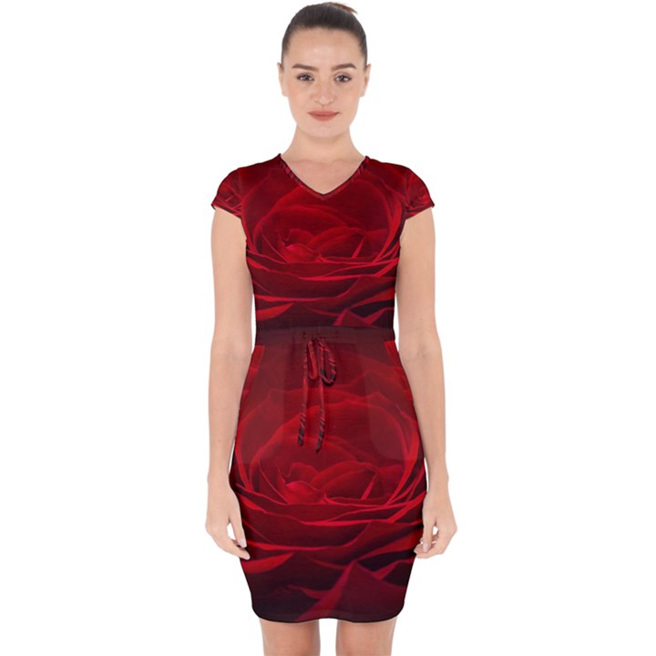 Rose Red Rose Red Flower Petals Waves Glow Capsleeve Drawstring Dress 