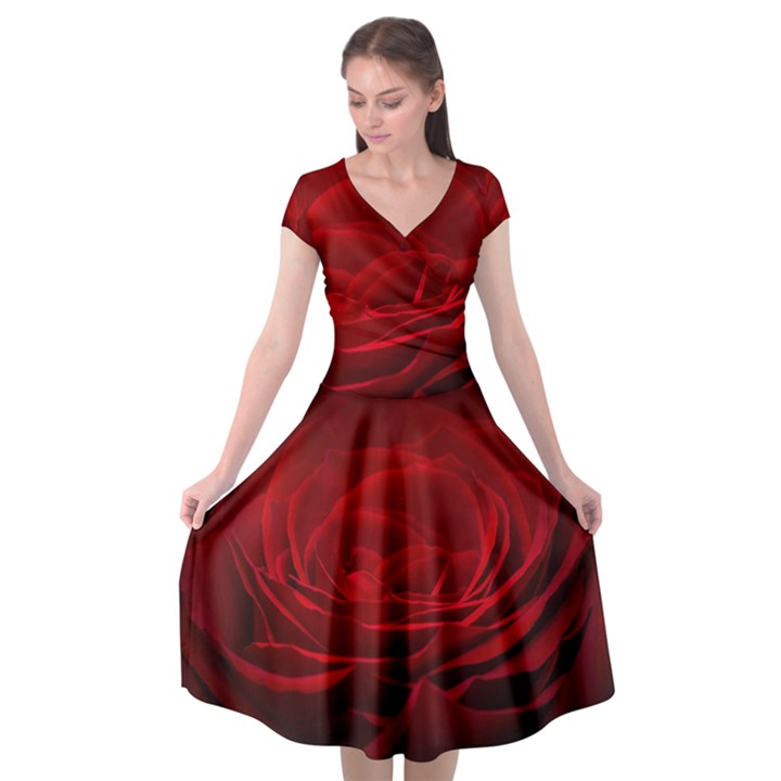 Rose Red Rose Red Flower Petals Waves Glow Cap Sleeve Wrap Front Dress