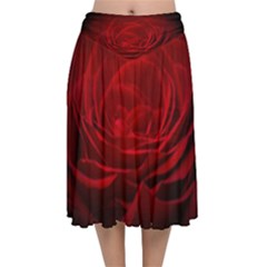 Rose Red Rose Red Flower Petals Waves Glow Velvet Flared Midi Skirt by Proyonanggan