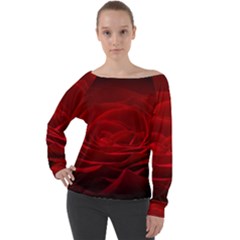 Rose Red Rose Red Flower Petals Waves Glow Off Shoulder Long Sleeve Velour Top by Proyonanggan