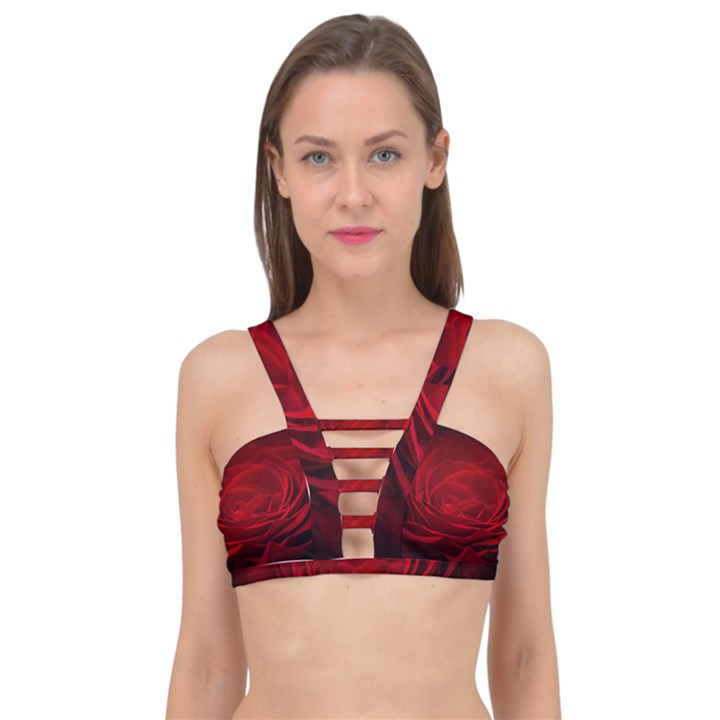 Rose Red Rose Red Flower Petals Waves Glow Cage Up Bikini Top