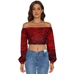 Rose Red Rose Red Flower Petals Waves Glow Long Sleeve Crinkled Weave Crop Top by Proyonanggan