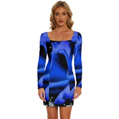 Blue Rose Bloom Blossom Long Sleeve Square Neck Bodycon Velvet Dress by Proyonanggan