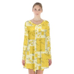 Party Confetti Yellow Squares Long Sleeve Velvet V-neck Dress