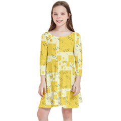 Party Confetti Yellow Squares Kids  Quarter Sleeve Skater Dress by Proyonanggan