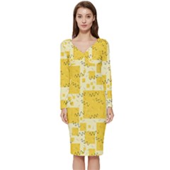 Party Confetti Yellow Squares Long Sleeve V-neck Bodycon Dress 