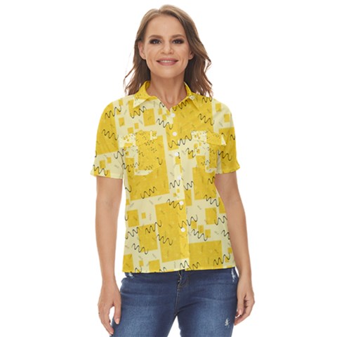 Party Confetti Yellow Squares Women s Short Sleeve Double Pocket Shirt by Proyonanggan