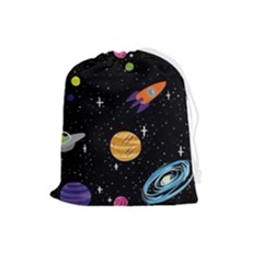 Space Cartoon, Planets, Rockets Drawstring Pouch (large) by nateshop