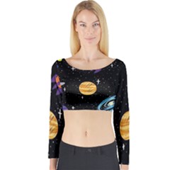 Space Cartoon, Planets, Rockets Long Sleeve Crop Top by nateshop