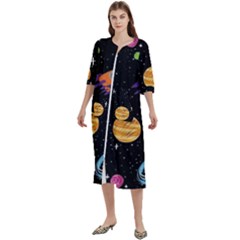 Space Cartoon, Planets, Rockets Women s Cotton 3/4 Sleeve Night Gown by nateshop