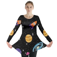 Space Cartoon, Planets, Rockets Long Sleeve Tunic  by nateshop