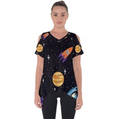 Space Cartoon, Planets, Rockets Cut Out Side Drop T-shirt by nateshop