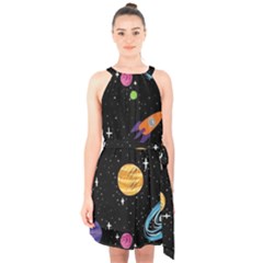 Space Cartoon, Planets, Rockets Halter Collar Waist Tie Chiffon Dress by nateshop