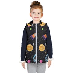 Space Cartoon, Planets, Rockets Kids  Hooded Puffer Vest by nateshop