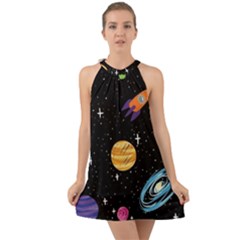 Space Cartoon, Planets, Rockets Halter Tie Back Chiffon Dress by nateshop