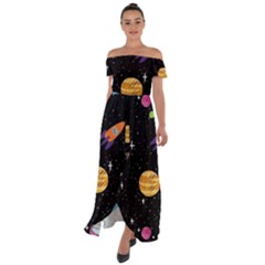 Space Cartoon, Planets, Rockets Off Shoulder Open Front Chiffon Dress by nateshop