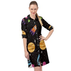 Space Cartoon, Planets, Rockets Long Sleeve Mini Shirt Dress by nateshop