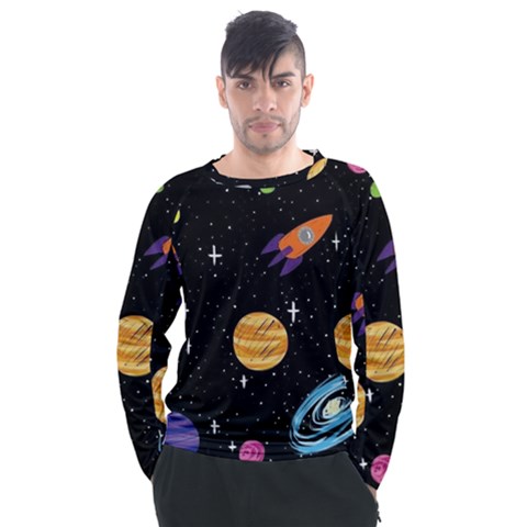 Space Cartoon, Planets, Rockets Men s Long Sleeve Raglan T-shirt by nateshop