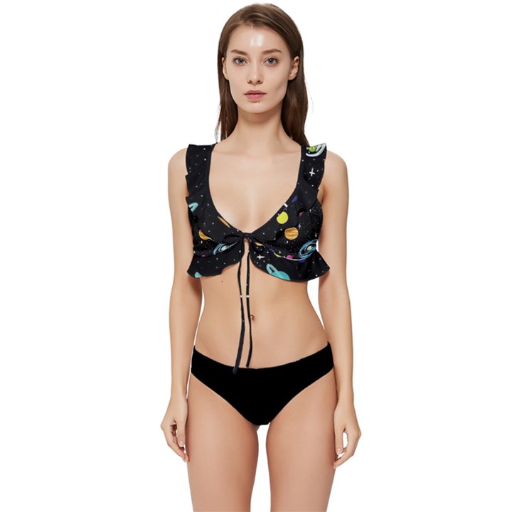 Space Cartoon, Planets, Rockets Low Cut Ruffle Edge Bikini Top