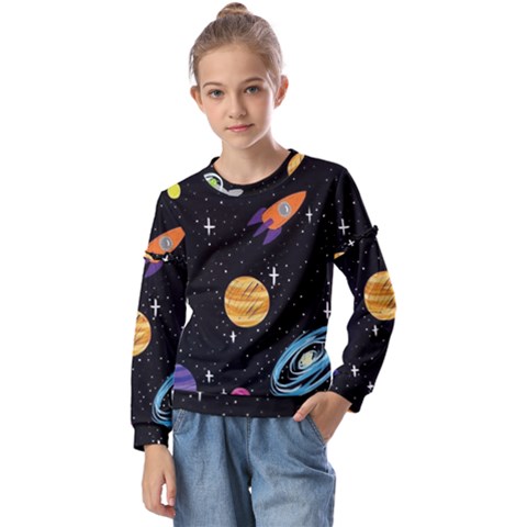 Space Cartoon, Planets, Rockets Kids  Long Sleeve T-shirt With Frill  by nateshop