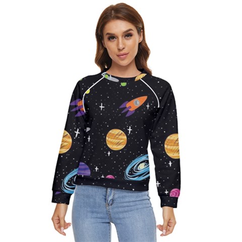 Space Cartoon, Planets, Rockets Women s Long Sleeve Raglan T-shirt by nateshop