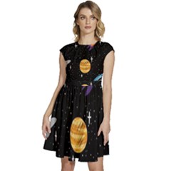 Space Cartoon, Planets, Rockets Cap Sleeve High Waist Dress by nateshop