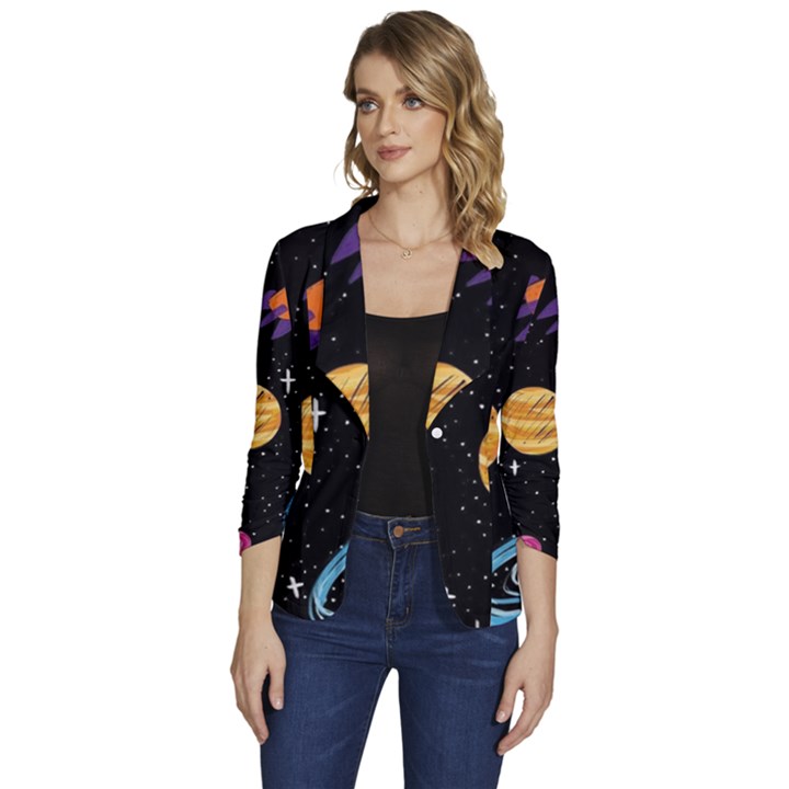 Space Cartoon, Planets, Rockets Women s One-Button 3/4 Sleeve Short Jacket