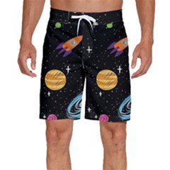 Space Cartoon, Planets, Rockets Men s Beach Shorts by nateshop