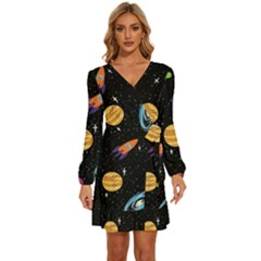 Space Cartoon, Planets, Rockets Long Sleeve Waist Tie Ruffle Velvet Dress by nateshop