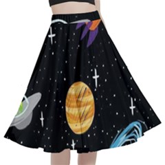 Space Cartoon, Planets, Rockets A-line Full Circle Midi Skirt With Pocket by nateshop