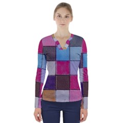 Tile, Colorful, Squares, Texture V-neck Long Sleeve Top by nateshop