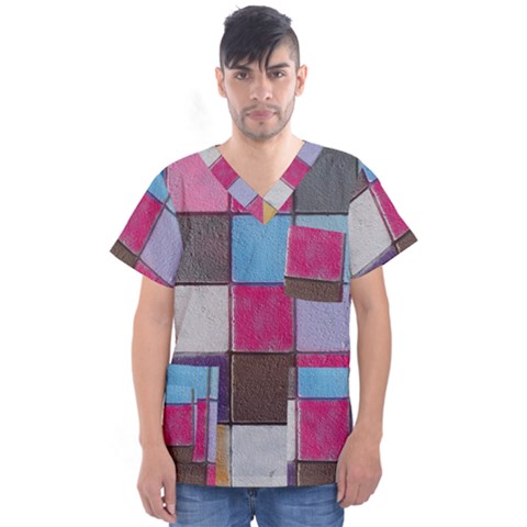 Tile, Colorful, Squares, Texture Men s V-neck Scrub Top by nateshop