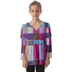 Tile, Colorful, Squares, Texture Kids  V Neck Casual Top