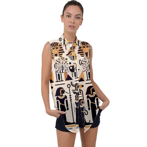 Egypt Pyramids Nature Desert Sleeveless Chiffon Button Shirt by Proyonanggan