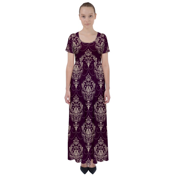 Vintage Floral Pattern, Purple Vintage High Waist Short Sleeve Maxi Dress