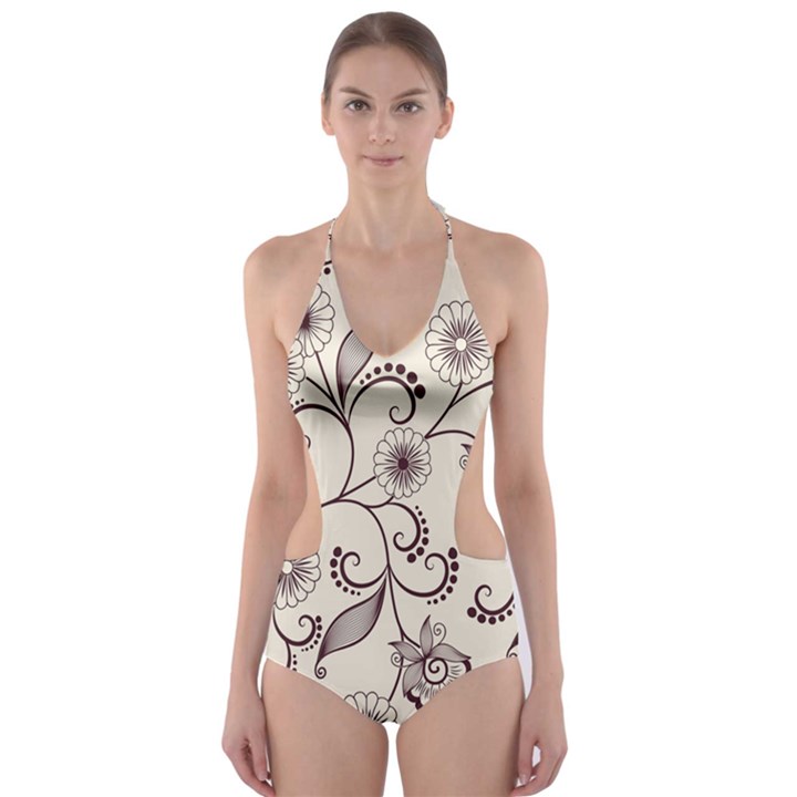 Violet Vintage Background, Floral Ornaments, Floral Patterns Cut-Out One Piece Swimsuit