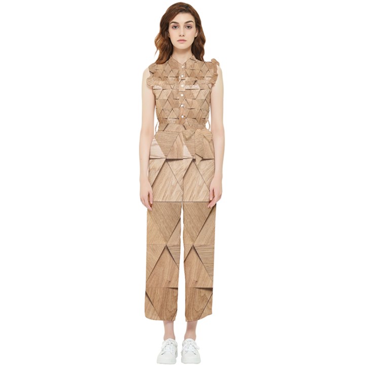 Wooden Triangles Texture, Wooden Wooden Women s Frill Top Chiffon Jumpsuit