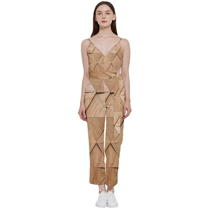 Wooden Triangles Texture, Wooden Wooden V-Neck Camisole Jumpsuit