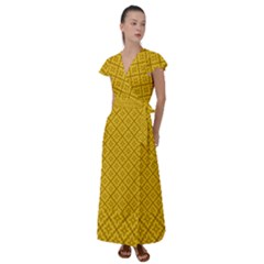 Yellow Floral Pattern Vintage Pattern, Yellow Background, Flutter Sleeve Maxi Dress by nateshop