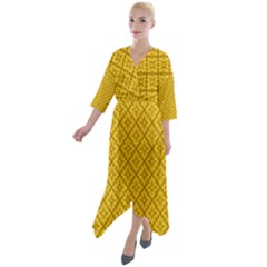 Yellow Floral Pattern Vintage Pattern, Yellow Background, Quarter Sleeve Wrap Front Maxi Dress by nateshop