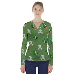 Yoshi Print, Super, Huevo, Game, Green, Egg, Mario V-neck Long Sleeve Top by nateshop