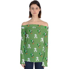 Yoshi Print, Super, Huevo, Game, Green, Egg, Mario Off Shoulder Long Sleeve Top by nateshop